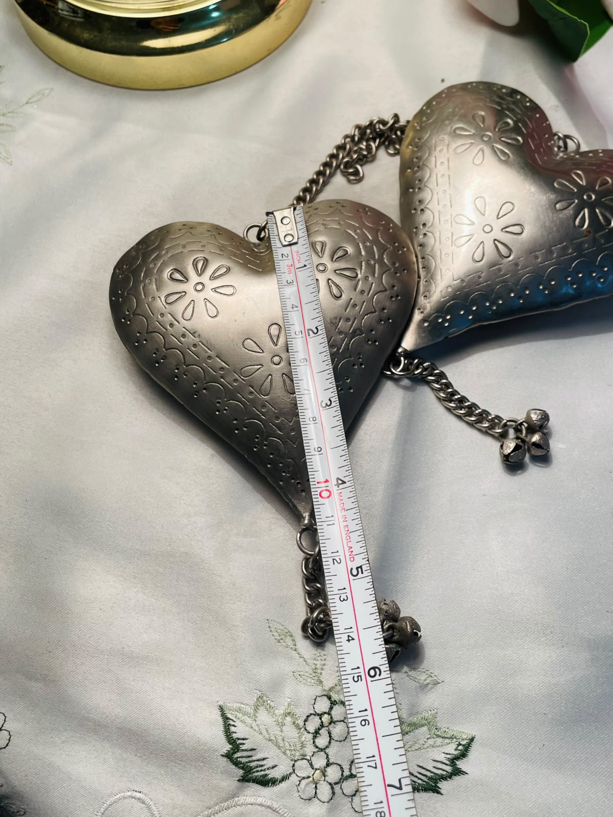 Vintage Silver-Tone Heart Ornaments Floral Embossed Pair