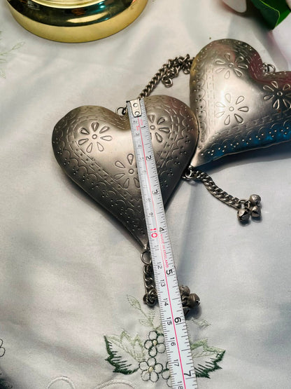 Vintage Silver-Tone Heart Ornaments Floral Embossed Pair