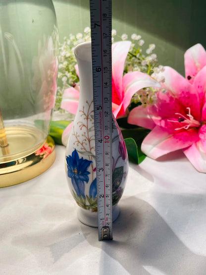 Vintage White Floral Vase Blue Pink Botanical Design 16cm