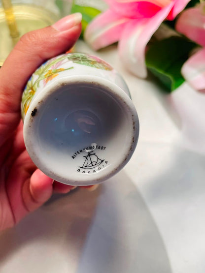 Vintage White Floral Vase Blue Pink Botanical Design 16cm