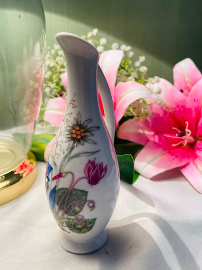 Vintage White Floral Vase Blue Pink Botanical Design 16cm