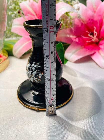 Vintage Black Floral Bud Vase Gold Trim 10cm