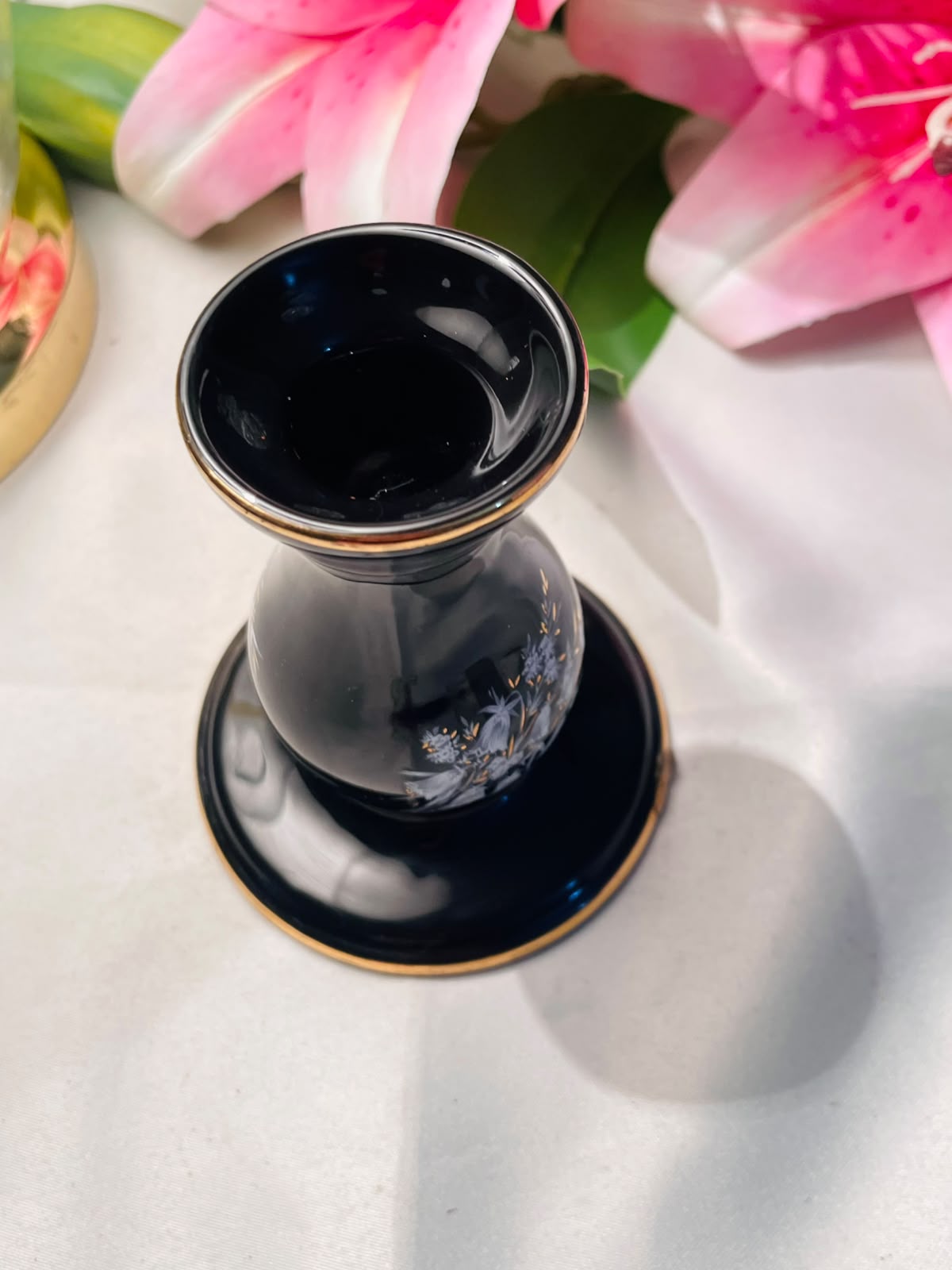 Vintage Black Floral Bud Vase Gold Trim 10cm