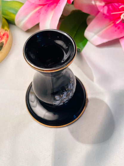 Vintage Black Floral Bud Vase Gold Trim 10cm