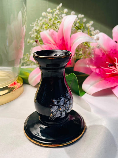 Vintage Black Floral Bud Vase Gold Trim 10cm