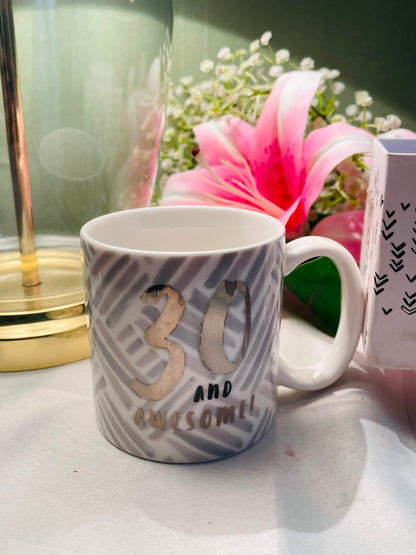 Vintage White & Grey “30 and Awesome” Ceramic Mug 10cm