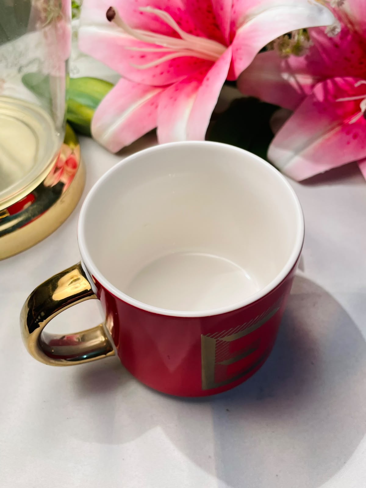 Vintage Red Initial E Ceramic Mug Gold Handle 9cm