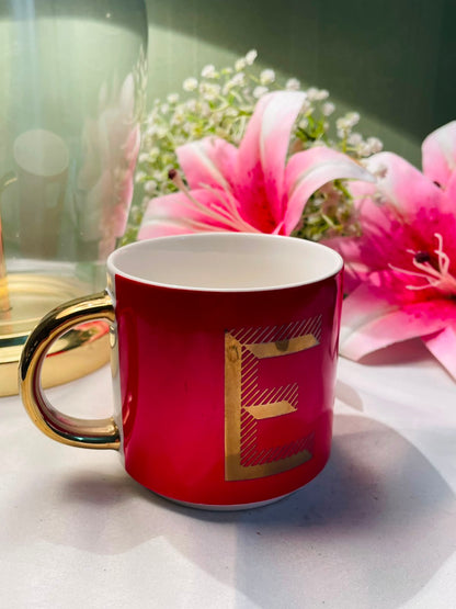 Vintage Red Initial E Ceramic Mug Gold Handle 9cm