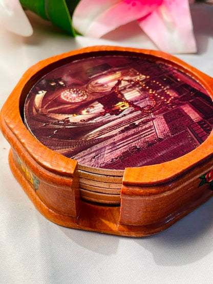 6 Scenic Souvenir Coasters with Wooden Holder 4 in