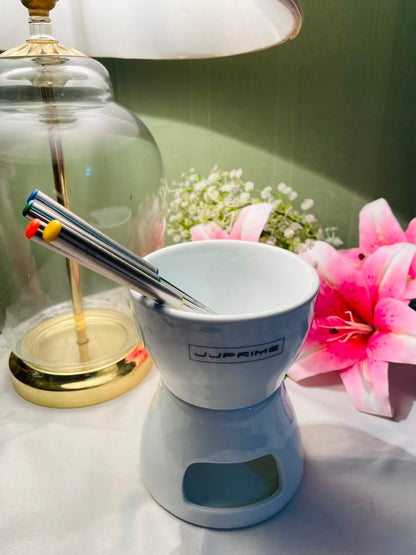 White Ceramic Fondue Set with 4 Colour-Tipped Forks 6pc