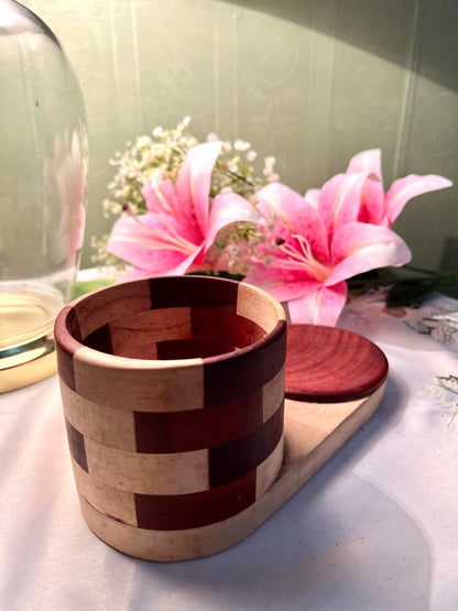Vintage Two-Tone Wooden Lidded Jar Geometric Design 9cm