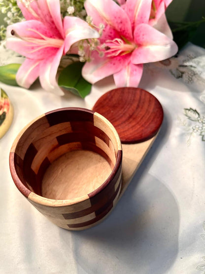 Vintage Two-Tone Wooden Lidded Jar Geometric Design 9cm