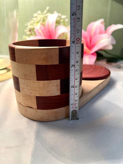 Vintage Two-Tone Wooden Lidded Jar Geometric Design 9cm