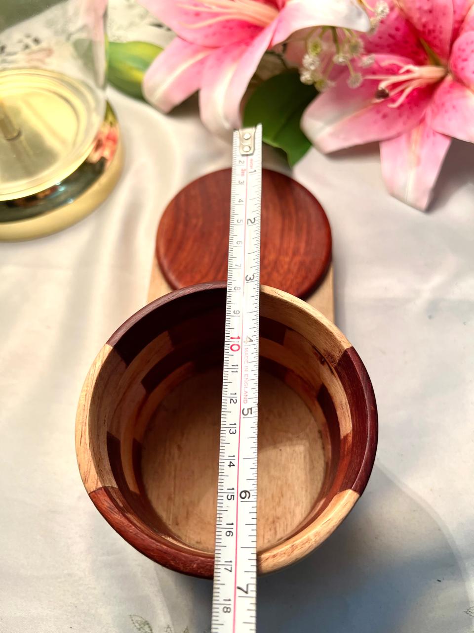 Vintage Two-Tone Wooden Lidded Jar Geometric Design 9cm