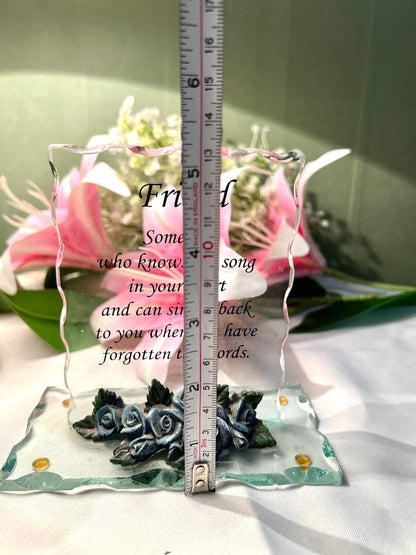 Friendship Quote Crystal Plaque Blue Rose Decor 13cm