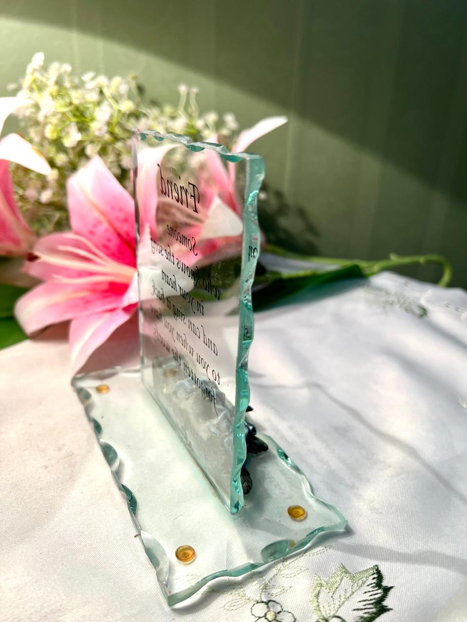 Friendship Quote Crystal Plaque Blue Rose Decor 13cm