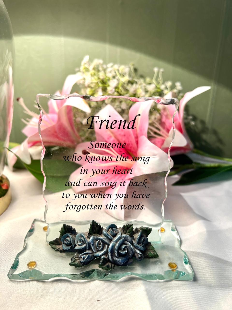 Friendship Quote Crystal Plaque Blue Rose Decor 13cm