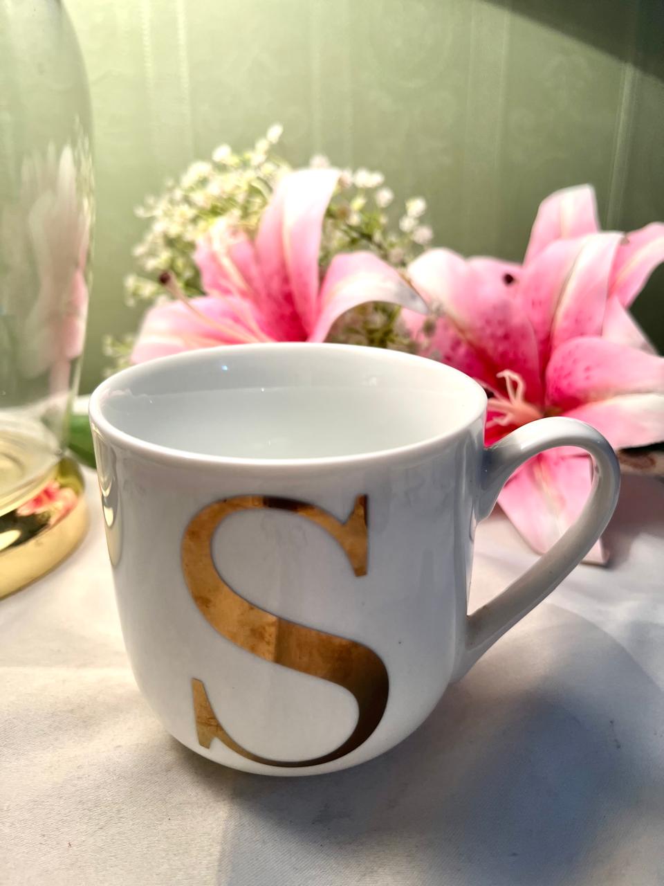 Vintage White Ceramic Initial S Mug Gold Lettering 10cm