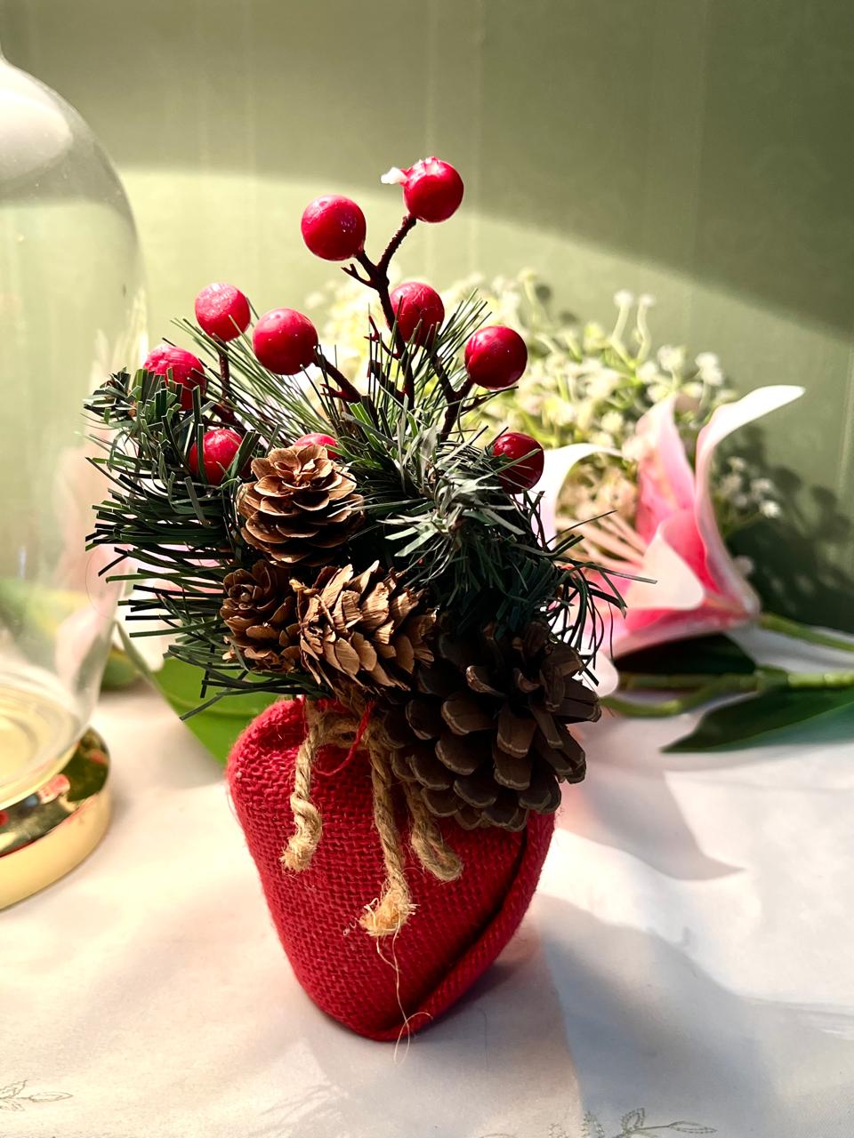 Pinecone & Red Berry Table Decor Arrangement 21cm