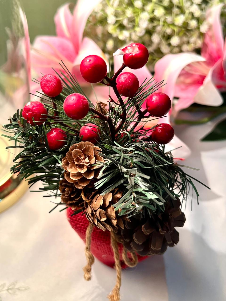 Pinecone & Red Berry Table Decor Arrangement 21cm