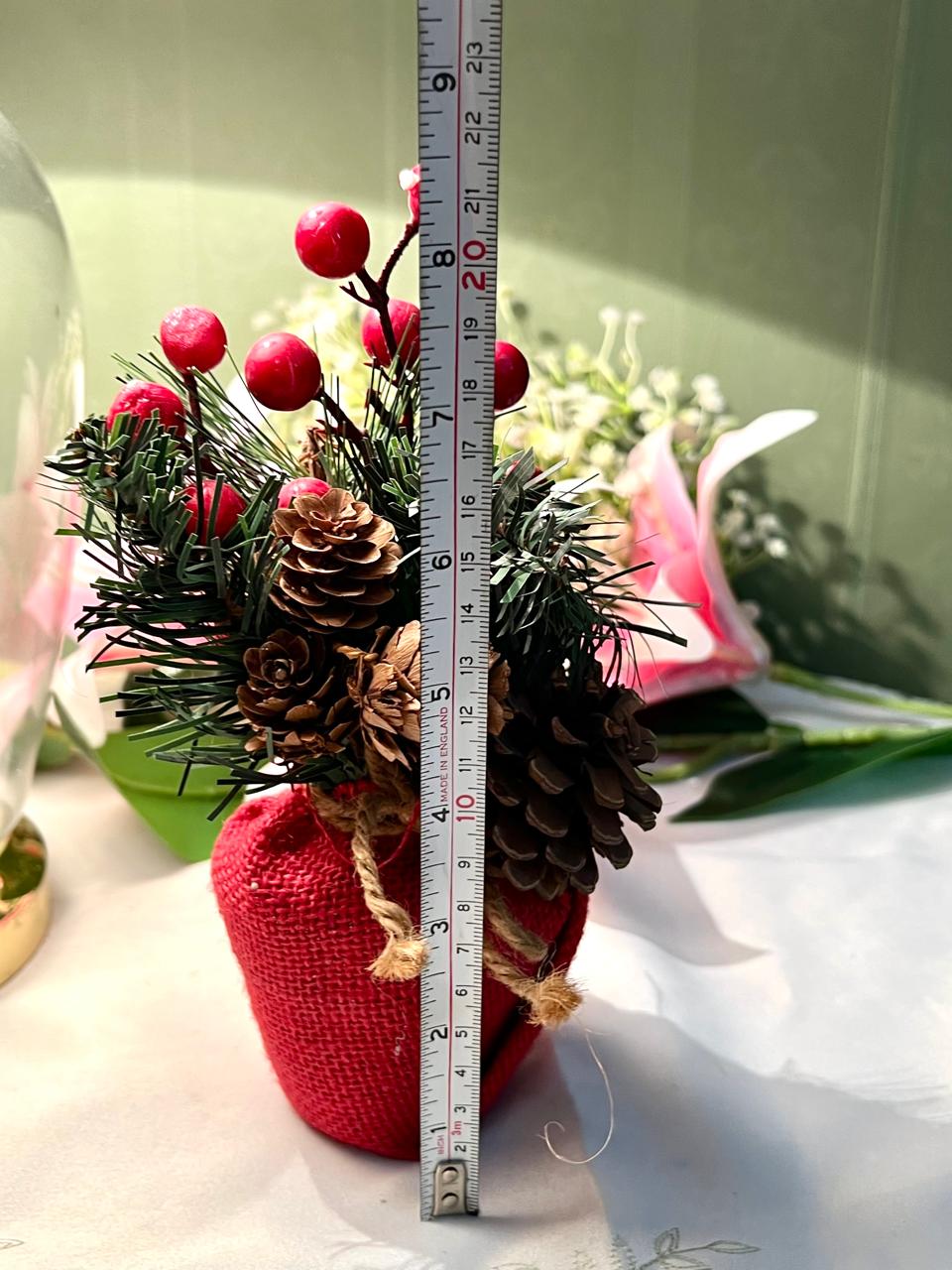 Pinecone & Red Berry Table Decor Arrangement 21cm