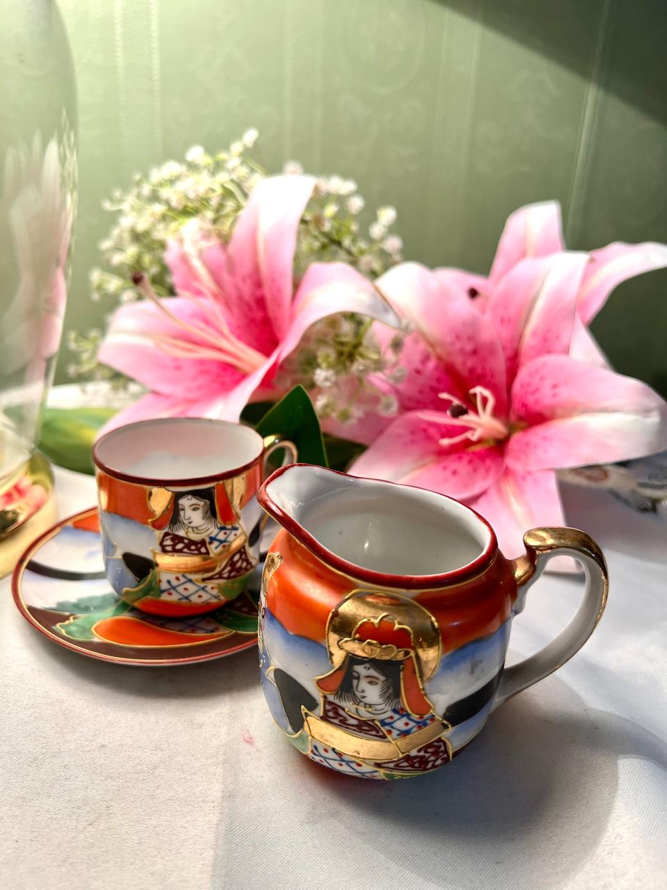 Vintage Japanese-Style Cup Saucer & Creamer Set 3-Piece