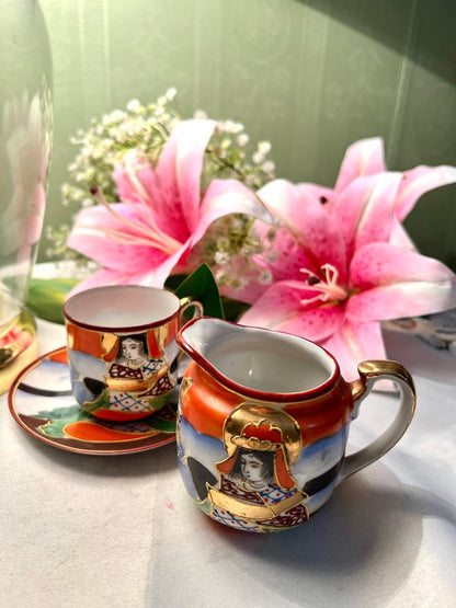 Vintage Japanese-Style Cup Saucer & Creamer Set 3-Piece