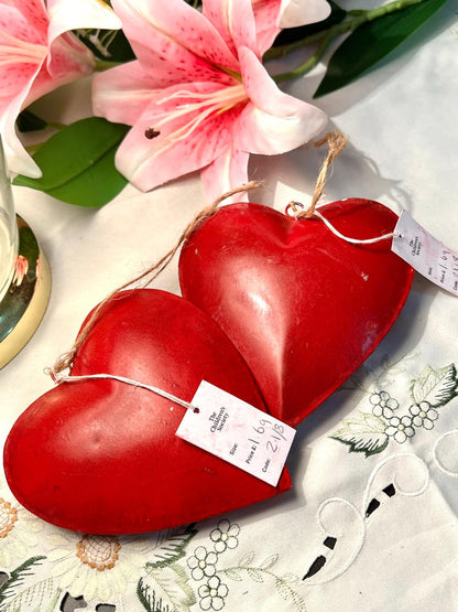 Red Metal Hanging Heart Decorations Set of 2,12 cm