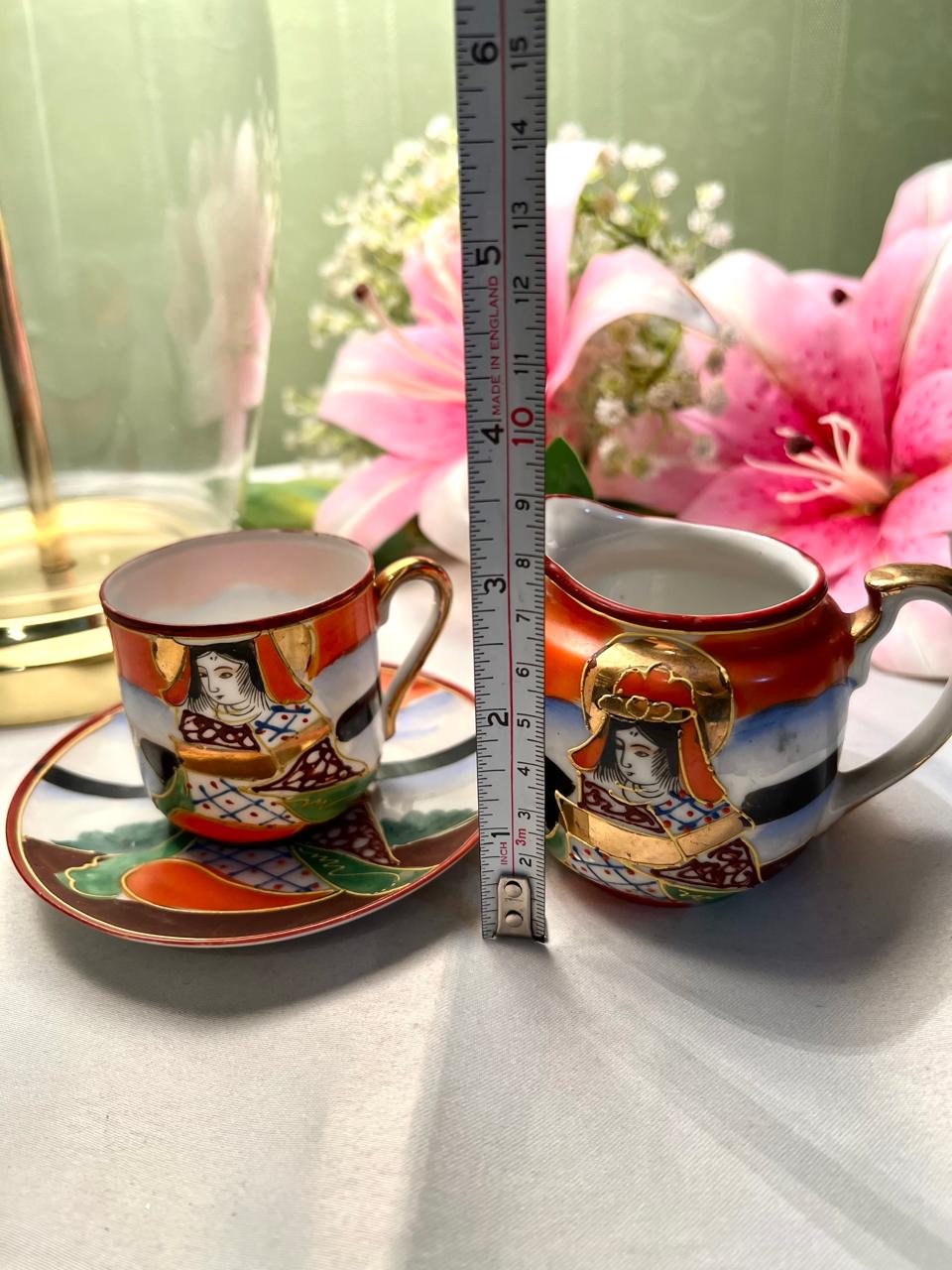 Vintage Japanese-Style Cup Saucer & Creamer Set 3-Piece