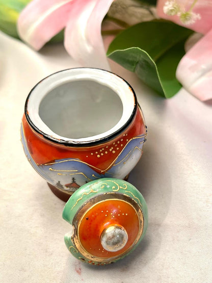 Vintage Multicolour Ceramic Lidded Jar Oriental Scene 7cm