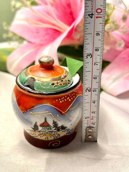 Vintage Multicolour Ceramic Lidded Jar Oriental Scene 7cm