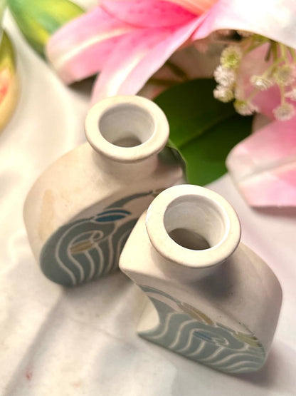 Vintage Ceramic Bud Vase Pair Blue Green Floral 9cm