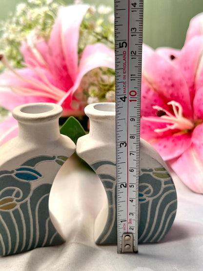 Vintage Ceramic Bud Vase Pair Blue Green Floral 9cm