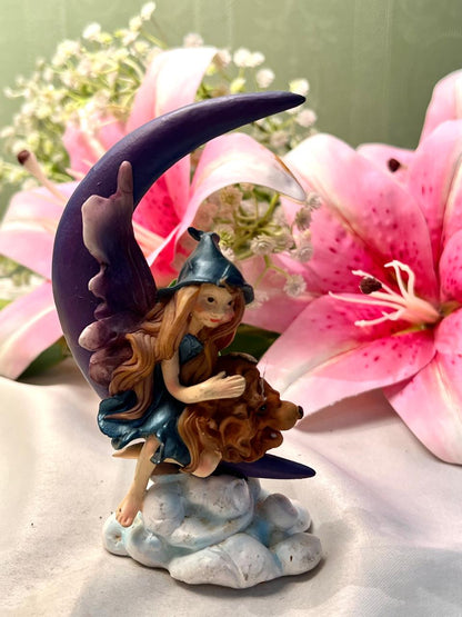 Vintage Crescent Moon Fairy Figurine Purple Blue 13cm