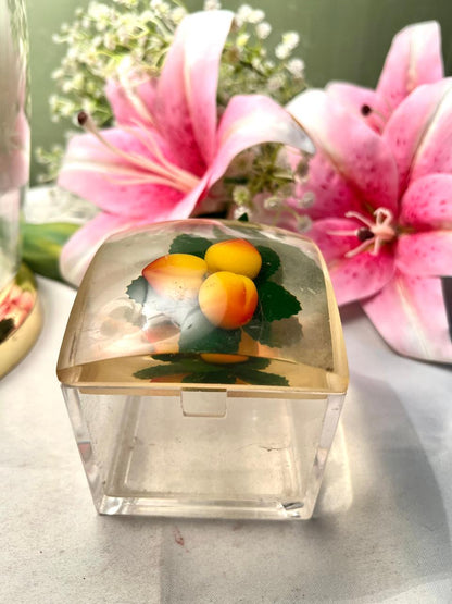 Vintage Clear Crystal Lidded Box Lemon Motif 8cm