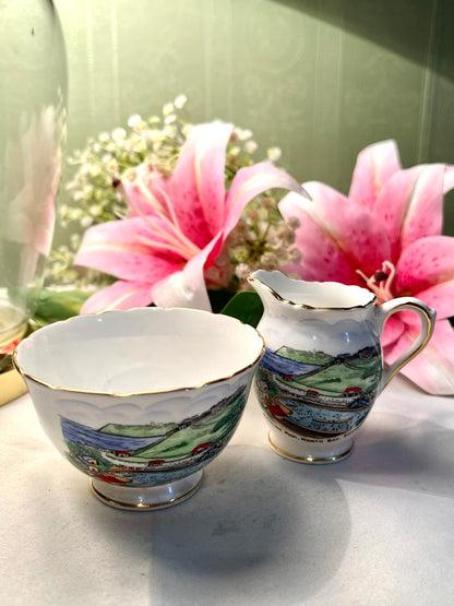 Vintage Scenic Sugar Bowl & Creamer Set Gold Trim 2-Piece