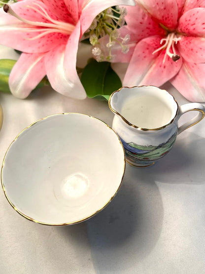 Vintage Scenic Sugar Bowl & Creamer Set Gold Trim 2-Piece