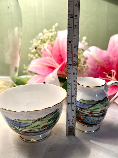 Vintage Scenic Sugar Bowl & Creamer Set Gold Trim 2-Piece