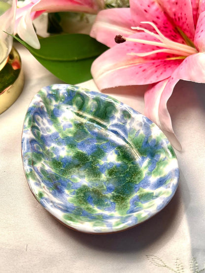 Vintage Blue Green Ceramic Leaf Dish 14cm