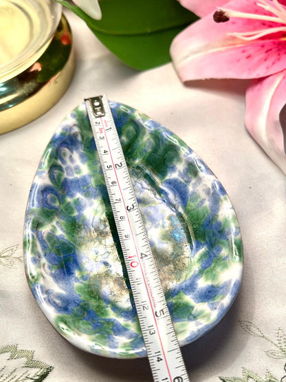 Vintage Blue Green Ceramic Leaf Dish 14cm
