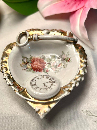 Vintage Rose Ceramic Trinket Dish Gold Trim Key Detail 10cm