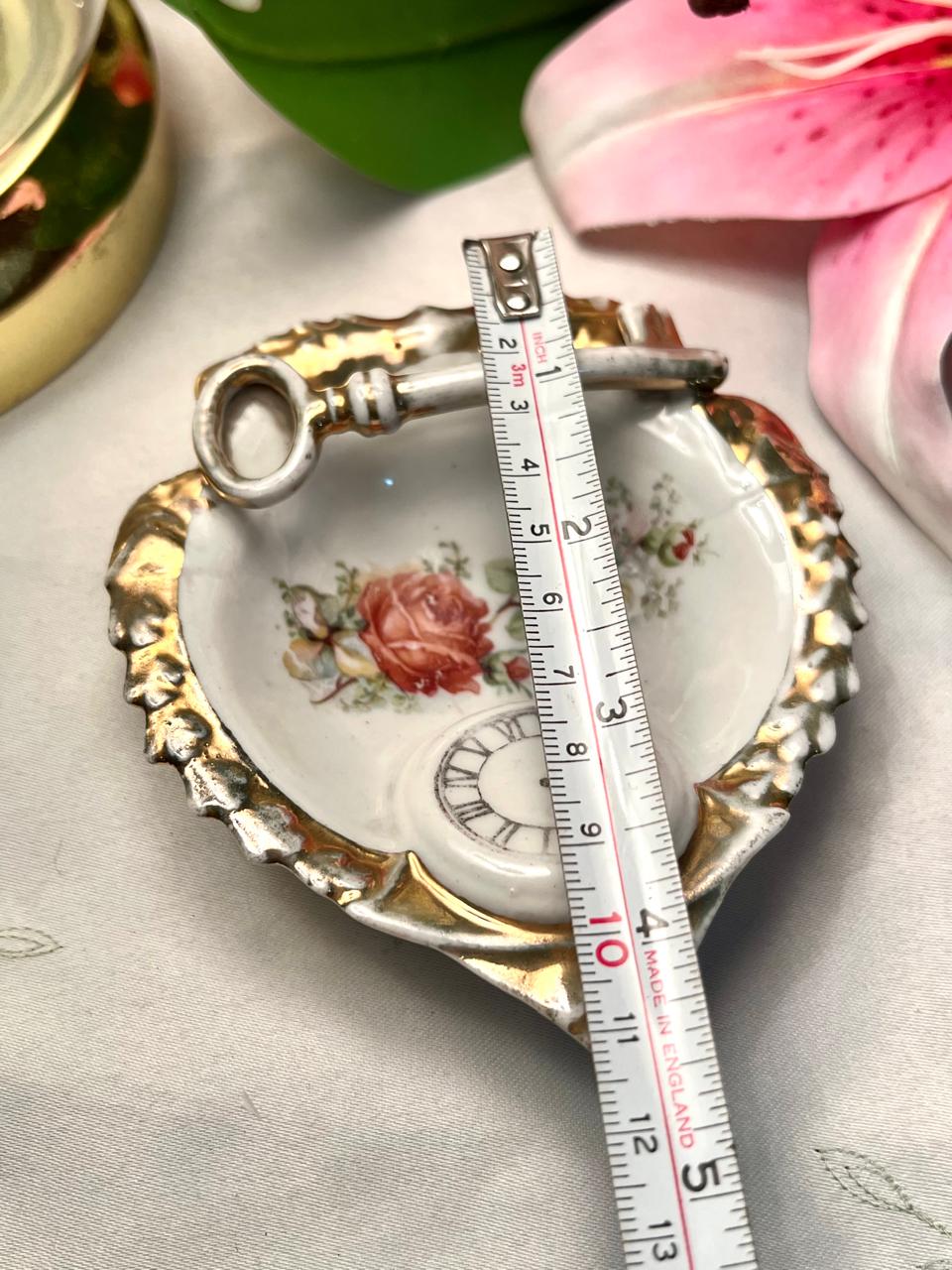 Vintage Rose Ceramic Trinket Dish Gold Trim Key Detail 10cm