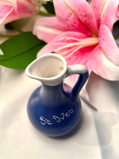 Vintage St Ives Blue Ceramic Jug White Rim 10cm