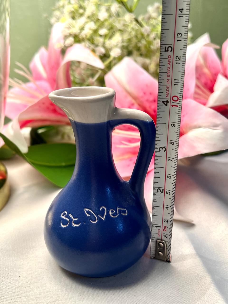 Vintage St Ives Blue Ceramic Jug White Rim 10cm