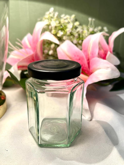 Clear Crystal Hexagonal Storage Jar with Black Lid, 10 cm
