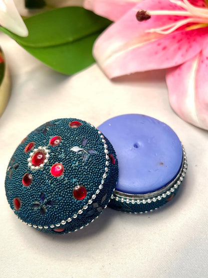 Vintage Teal Beaded Trinket Box Red Jewel Detail 6cm