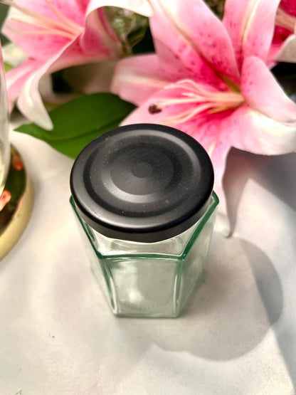 Clear Crystal Hexagonal Storage Jar with Black Lid, 10 cm