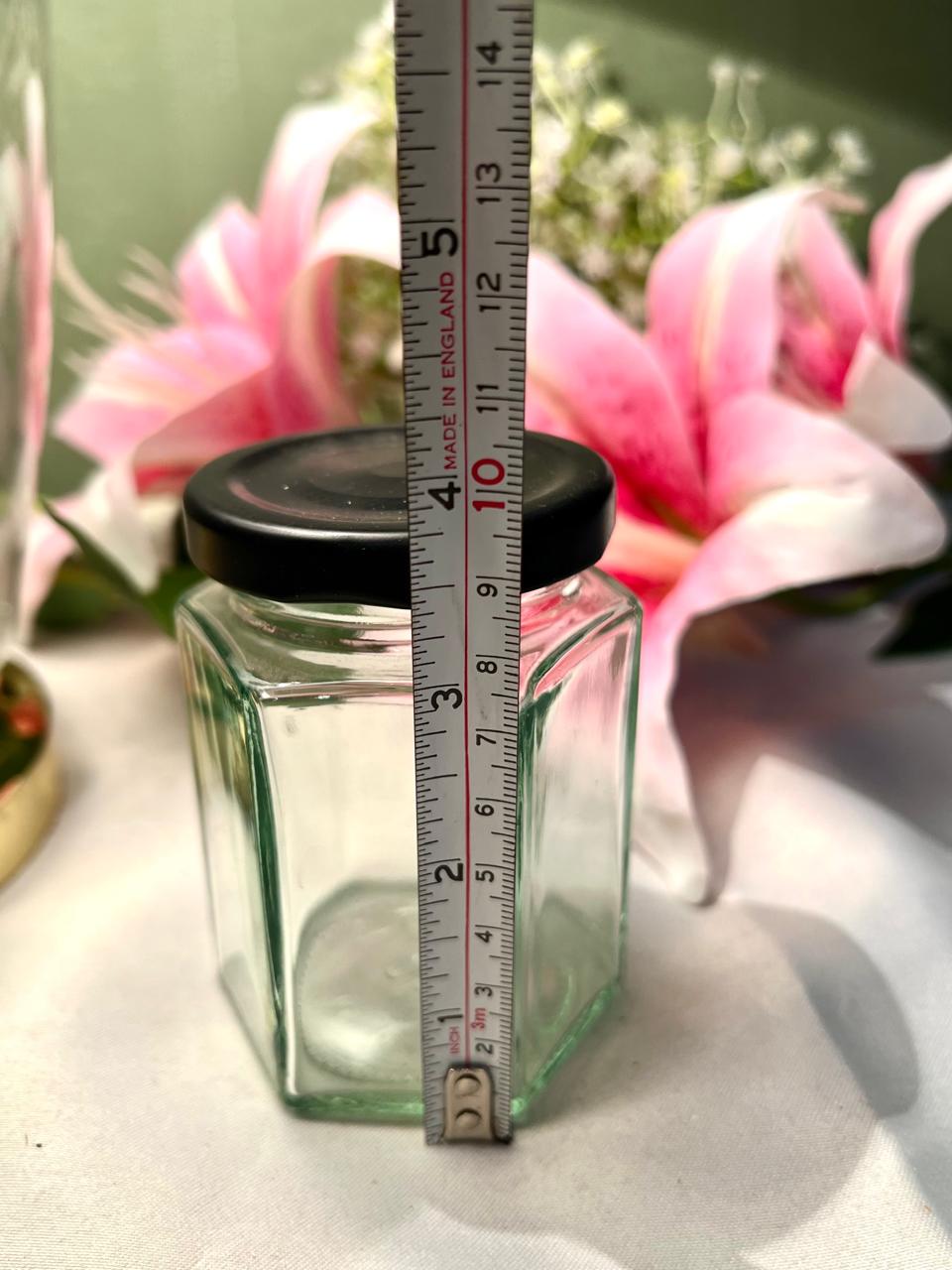 Clear Crystal Hexagonal Storage Jar with Black Lid, 10 cm