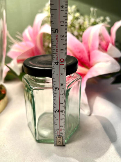 Clear Crystal Hexagonal Storage Jar with Black Lid, 10 cm