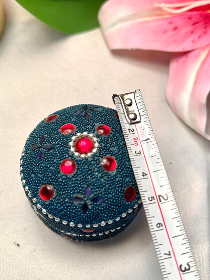 Vintage Teal Beaded Trinket Box Red Jewel Detail 6cm